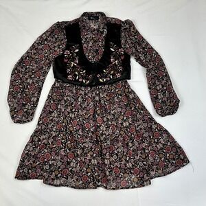BCX Girl Floral Long Sleeve Dress Embroidered Velvet Vest Kids Size 14 Black